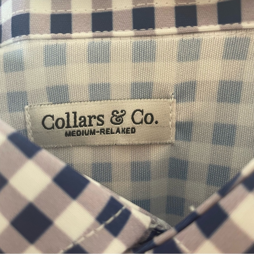 NWT Collars & Co. Navy Gingham Semi-Spread Collar Relaxed Polo in‎ Size Medium - Picture 4 of 7